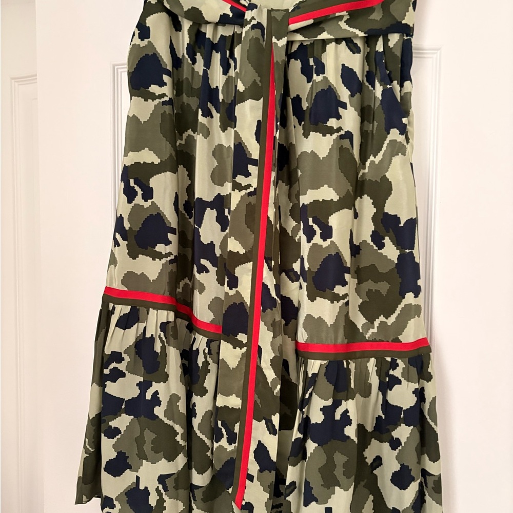 Rungolee Mariposa Olive Green Camo Print Tiered Silk Skirt with Red Trim